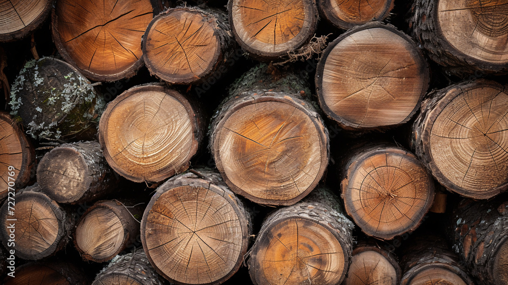 a bunch of wooden logs in full screen in morning light with light 