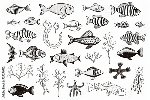  Sea animals, doodle cartoon set with hand drawn sea life elements, illustration. White isolated background.