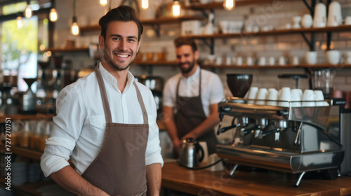 two smiling men in a cafe, one in the foreground wearing a white shirt and leather apron