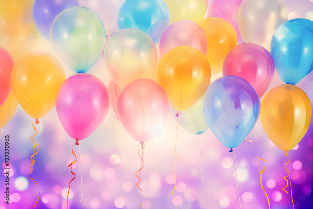 Translucent balloons with ribbons against a dreamy pastel backdrop.
