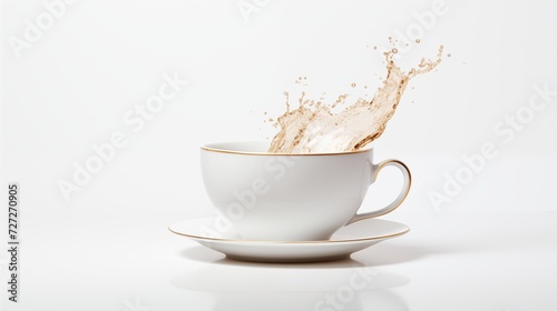 A white porcelain cup and saucer with a splash of tea against a clean white backdrop
