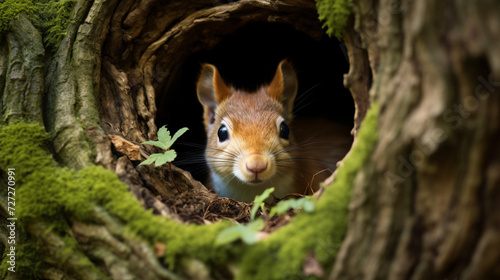 Squirrel hiding in a tree hole in the forest AMA