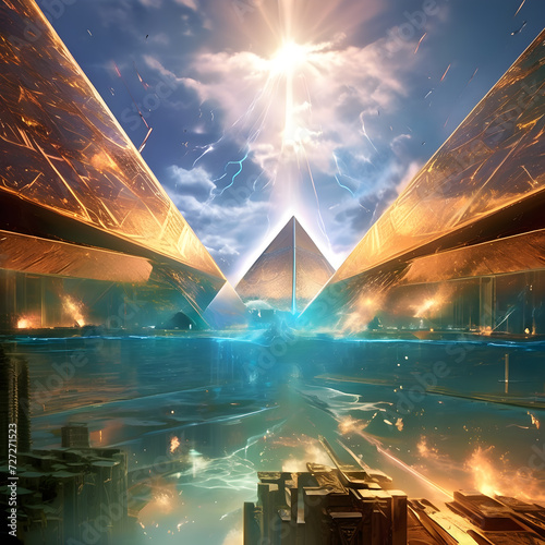 abstract colorful four Dimension with golden Pyramids. spiritual concept. Ai generated photo