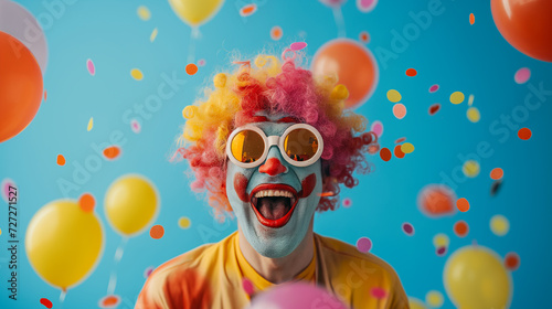 clown with balloons in the background