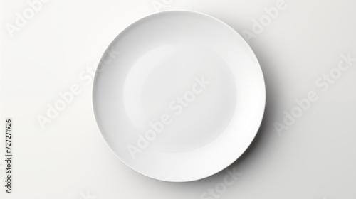 Showcase an overhead shot of a single pristine white plate with elegant angles against a spotless white backdrop of pure spotless clean white