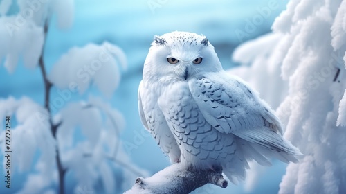 White Winter Owl Perched on a Tree Branch