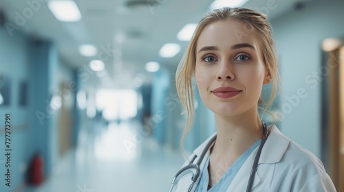 Professional Healthcare Worker in Brightly Lit Hospital Corridor