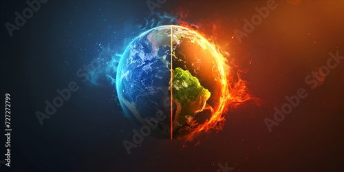 Frost Fire Earth: global warming and greenhouse gases  plunging the planet into a series of ice ages ,cold and hot halves of Globe Planet in Space, flame burn, dew frost 
 photo