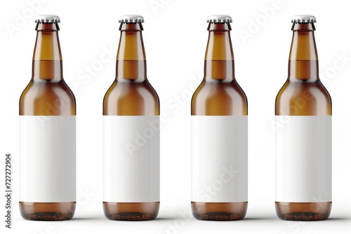 A white blank beer packaging with four brown beer bottles isolated on a white background.