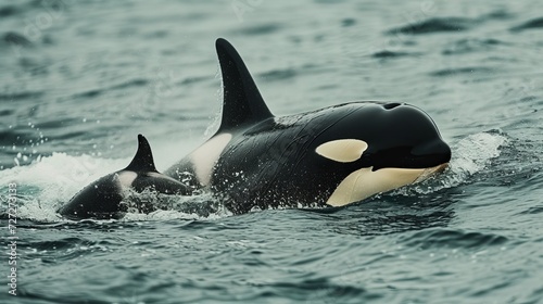 Orca and Calf Swimming Together in Ocean