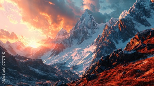 Expansive glaciers, fiery horizon, snow-capped mountains, fading daylight, hyper-realistic portrayal Generative AI © vadosloginov