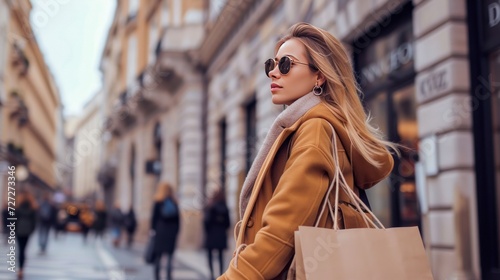 Blonde Woman Shopping in the City with an Eco-Friendly Bag