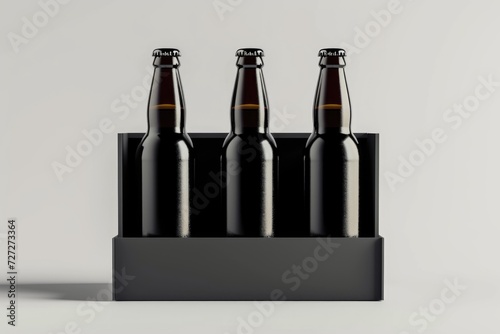 3 black isolated glass beer bottles in black box on light grey background  3d rendering