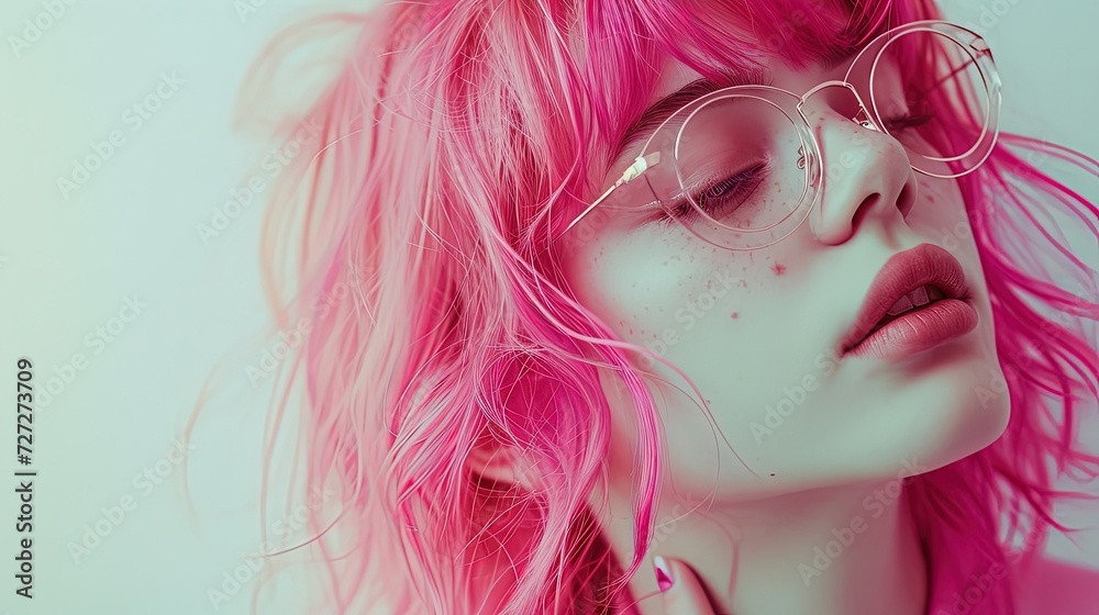 A stylish portrait of a woman with neon pink hair and round glasses, embodying a bold and expressive fashion statement.