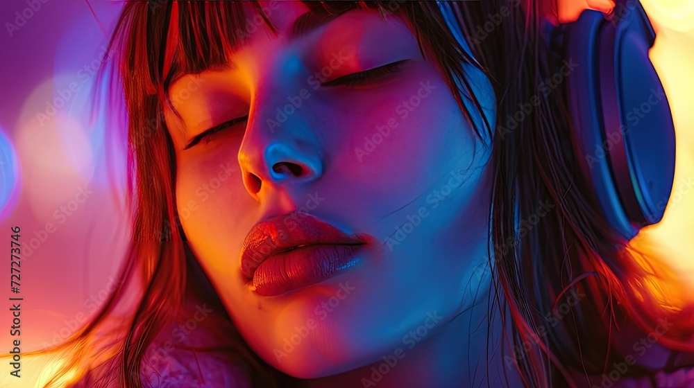 Fototapeta premium A serene woman lost in the world of music, her face gently illuminated by the soft neon glow of surrounding lights.