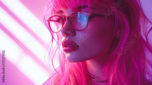 Close-up of a young woman with vibrant pink hair and trendy glasses, exuding confidence and modern style.