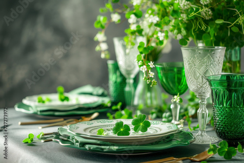 Beautiful table setting for St. Patrick's Day celebration on grey background.
