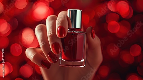 A close-up image of a hand with a perfect red manicure holding a matching nail polish bottle, against a bokeh background.