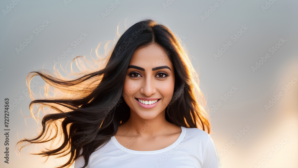 Fototapeta premium Attractive adult hindus woman with long, black hair. Natural background with copy space. Generative AI.
