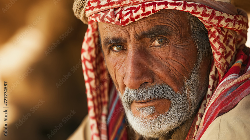 Close-up portrait of elderly Arab man with white and red headscarf, weathered skin, greying beard.