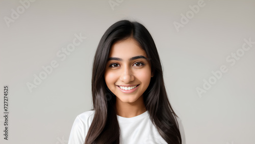 Happy young woman with long, black hair smiling at camera. Natural background with copy space. Generative AI.