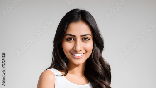 Happy young woman with long, black hair smiling at camera. Natural background with copy space. Generative AI.