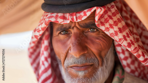 Detailed portrait of older Arab man with red and white keffiyeh, weathered skin, and greying beard.
