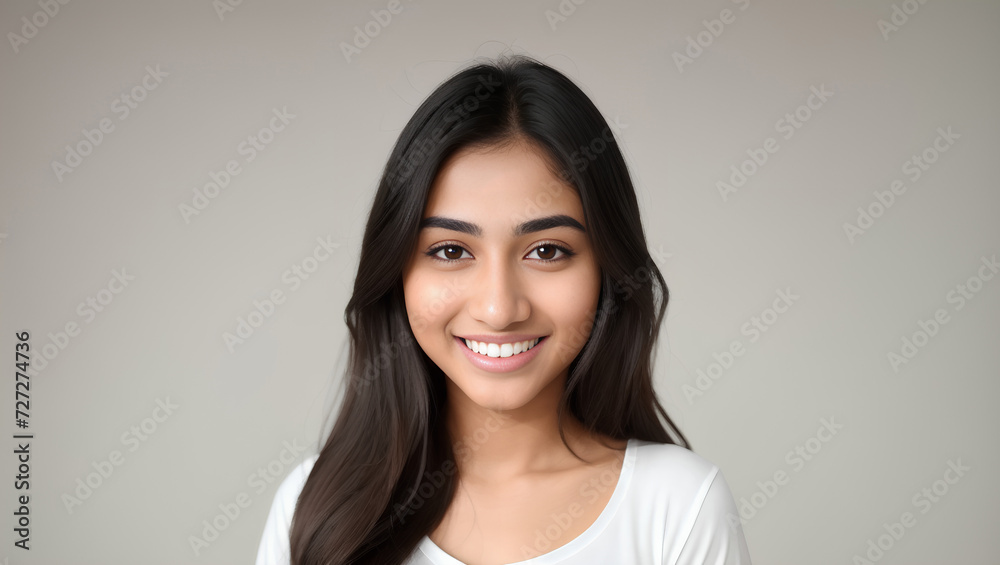 Smiling female with long, hair looking at camera on natural background with copy space. Generative AI. Smiling female with long, hair looking at camera on natural background with copy space. Generative AI.