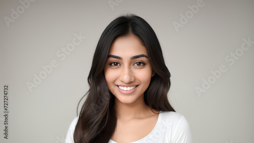 Happy woman with long, black hair looking at camera on empty background with mockup. Generative AI.