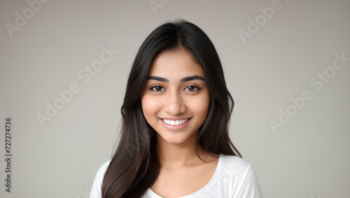 Smiling female with long, hair looking at camera on natural background with copy space. Generative AI.