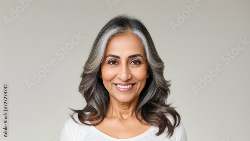 Portrait of hindus woman with black hair looking at camera. Natural background with copy space. Generative AI.