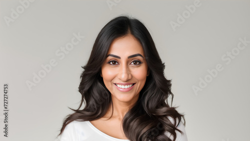 Happy female with long  wavy hair on empty background with mockup. Generative AI.