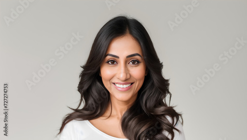 Happy female with long, wavy hair on empty background with mockup. Generative AI.