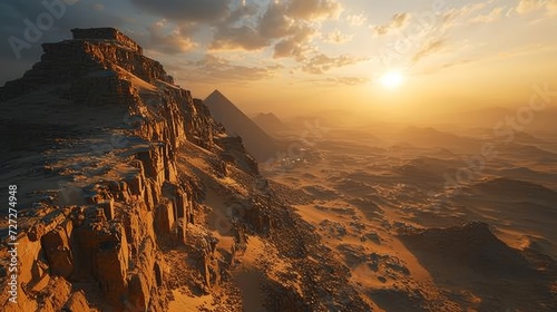 Grand pyramids, drone's perspective, sun on horizon, vast sandy terrain, immersive and detailed sunset over Egyp Generative AI