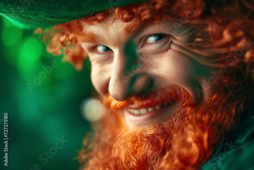 Leprechaun elf symbol of St. Patrick's Day. Cheerful character Irish leprechaun with a red natural beard in a green suit and green hat for advertising.
