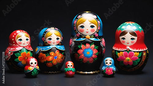 Colorful Russian matryoshka dolls with black background