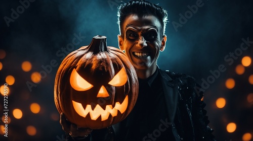 Man Holding Carved Jack O Lantern  Halloween Decoration in Hand  Halloween