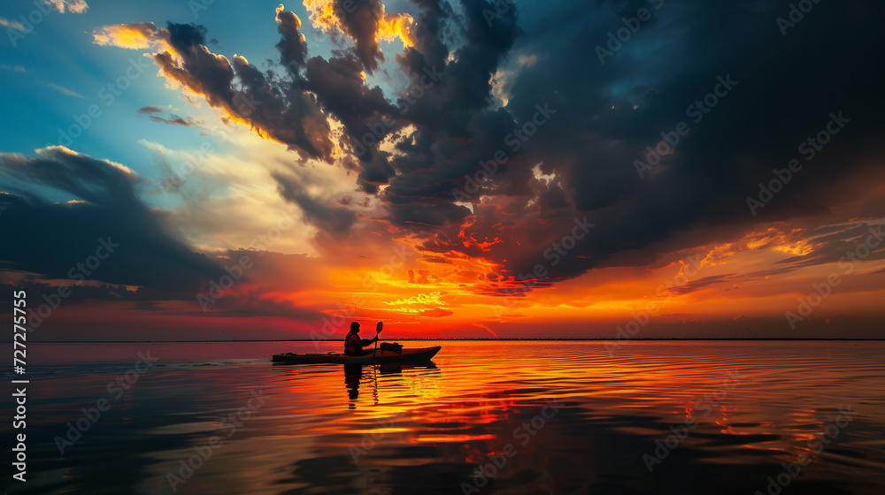 Paddling Serenity: Sunset Kayaking Adventure. Generative AI