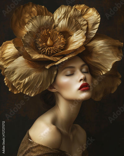 Elegant Woman with Golden Flower Headpiece 
