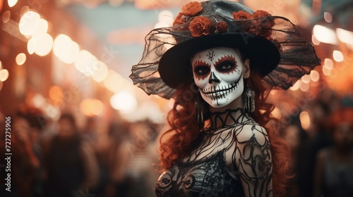 Woman With Red Hair and Makeup Enjoying a Carnival, Halloween