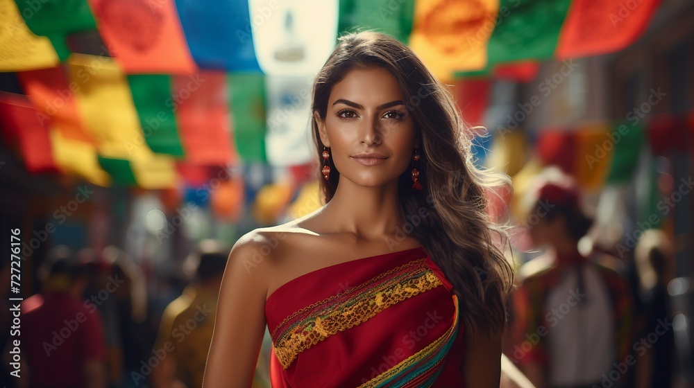 Beautiful Woman in Red Dress Standing in Front of Colorful Flags, Hispanic Heritage Month