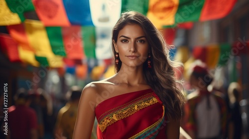 Beautiful Woman in Red Dress Standing in Front of Colorful Flags, Hispanic Heritage Month