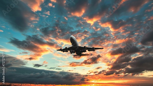 Jet airliner taking off at sunset, vibrant sky, dynamic clouds, dramatic silhouette Generative AI