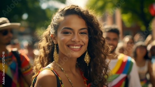 Woman in Colorful Dress Standing in Front of Crowd of People, Hispanic Heritage Month