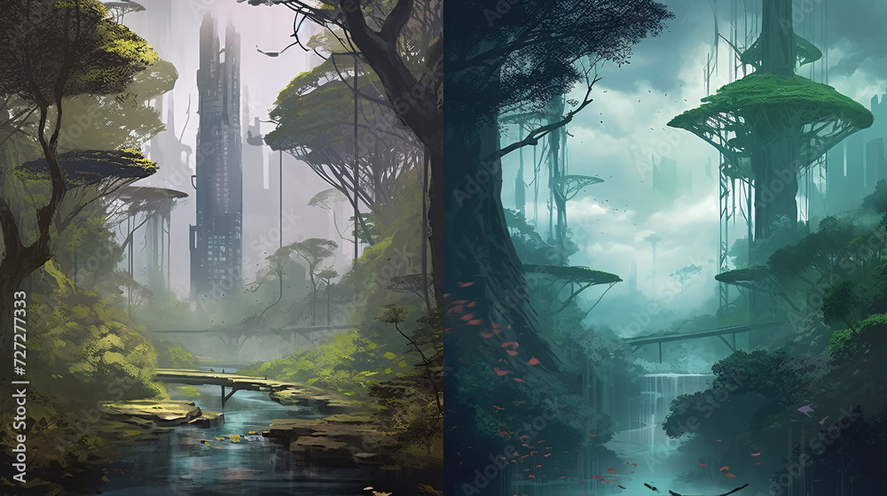Journey through Natural Landscapes with a Comparison of an Ancient Forest and a Futuristic City Park.