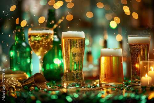 St Patrick's Day bar menu background. Set various golden, green beer glasses, different cocktails and drinks, with St. Patrick's Day party decor and accessories. photo
