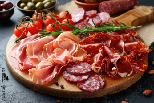 Cured meat platter of traditional tapas. Snacks food with ham, prosciutto, salami, chorizo sausage.