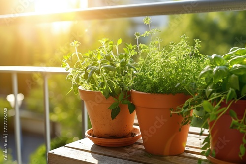 Fresh herbs grow in containers on city balcony in sunlight