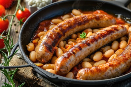 Grilled sausages with baked white beans in tomato sauce in frying pan photo