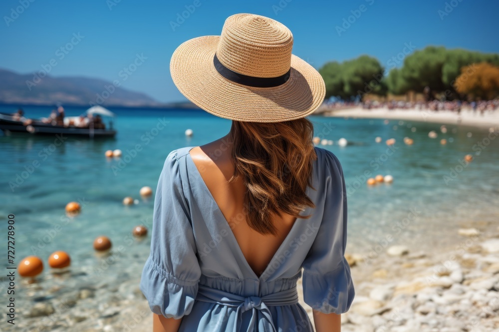 Rear view of a lonely woman in a dress and straw hat walking on the beach